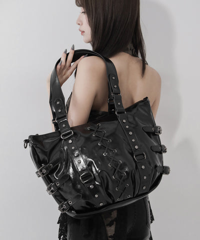 【 ショルダーストラップ付き2WAY 】レースアップベルテッドスタッズデザインヴィンテージショルダーバッグ / ( 2WAY ) laceup belted studs design vintage shoulder bag