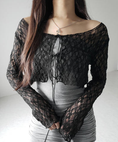 ダブルストラップリボンショートレースカーディガン /double strap ribbon short lace cardigan