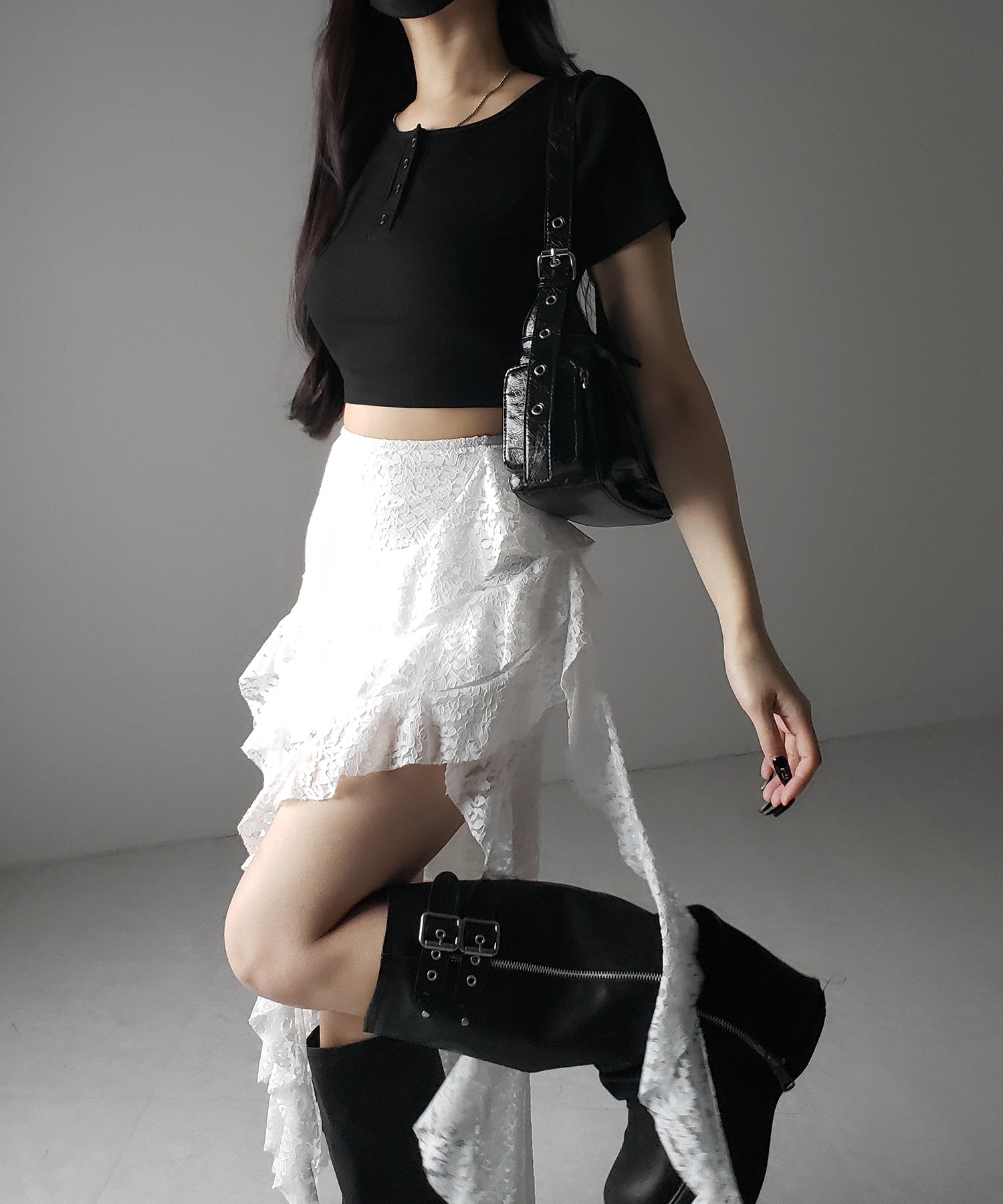 【 裏地付 】アシンメトリーフリルレーススリットロングスカート / asymmetry frill lace slit long skirt