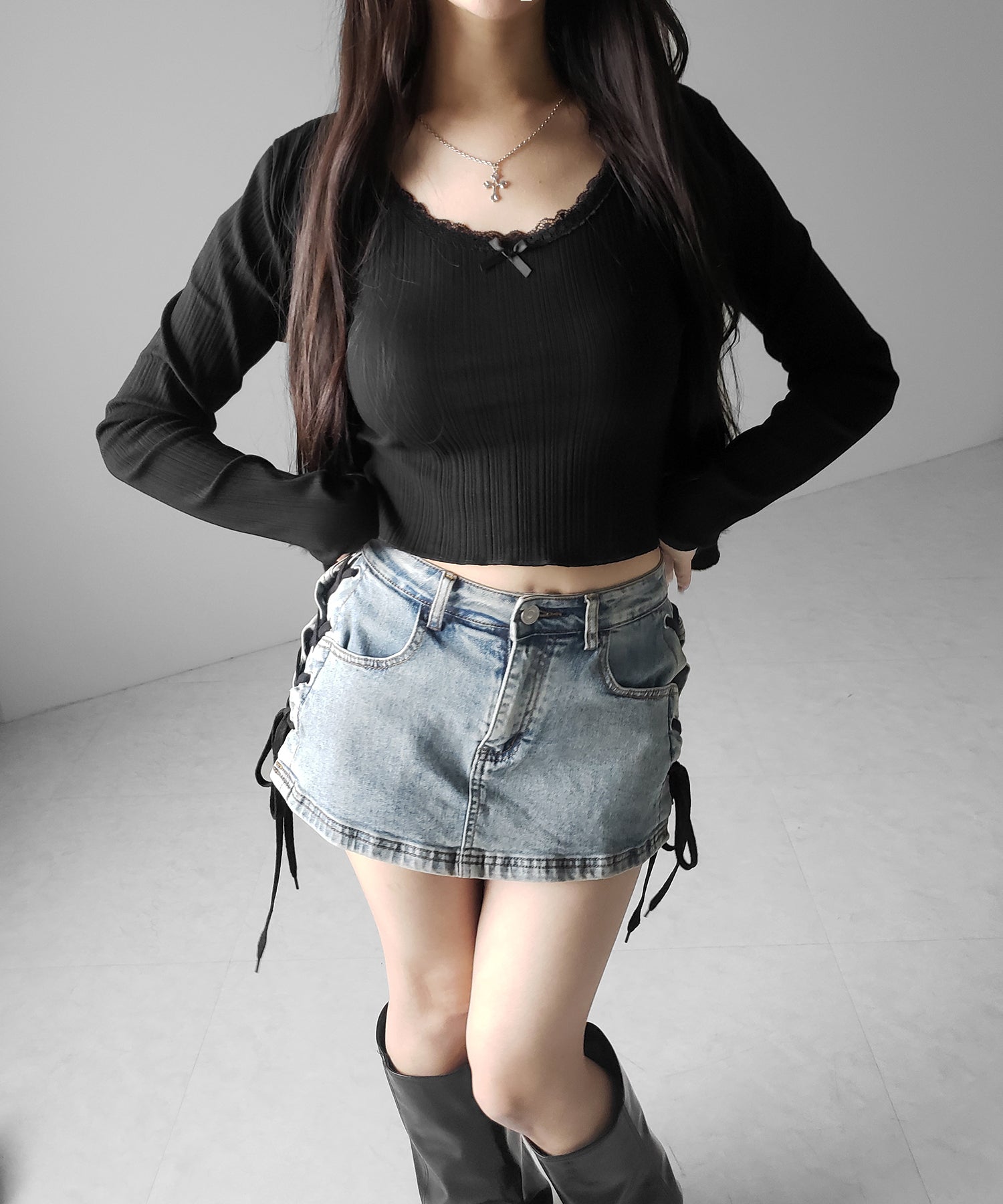 【 インパン裏地付き 】レースアップマイクロデニムミニスカパン / Lace-up micro denim mini skirt pants