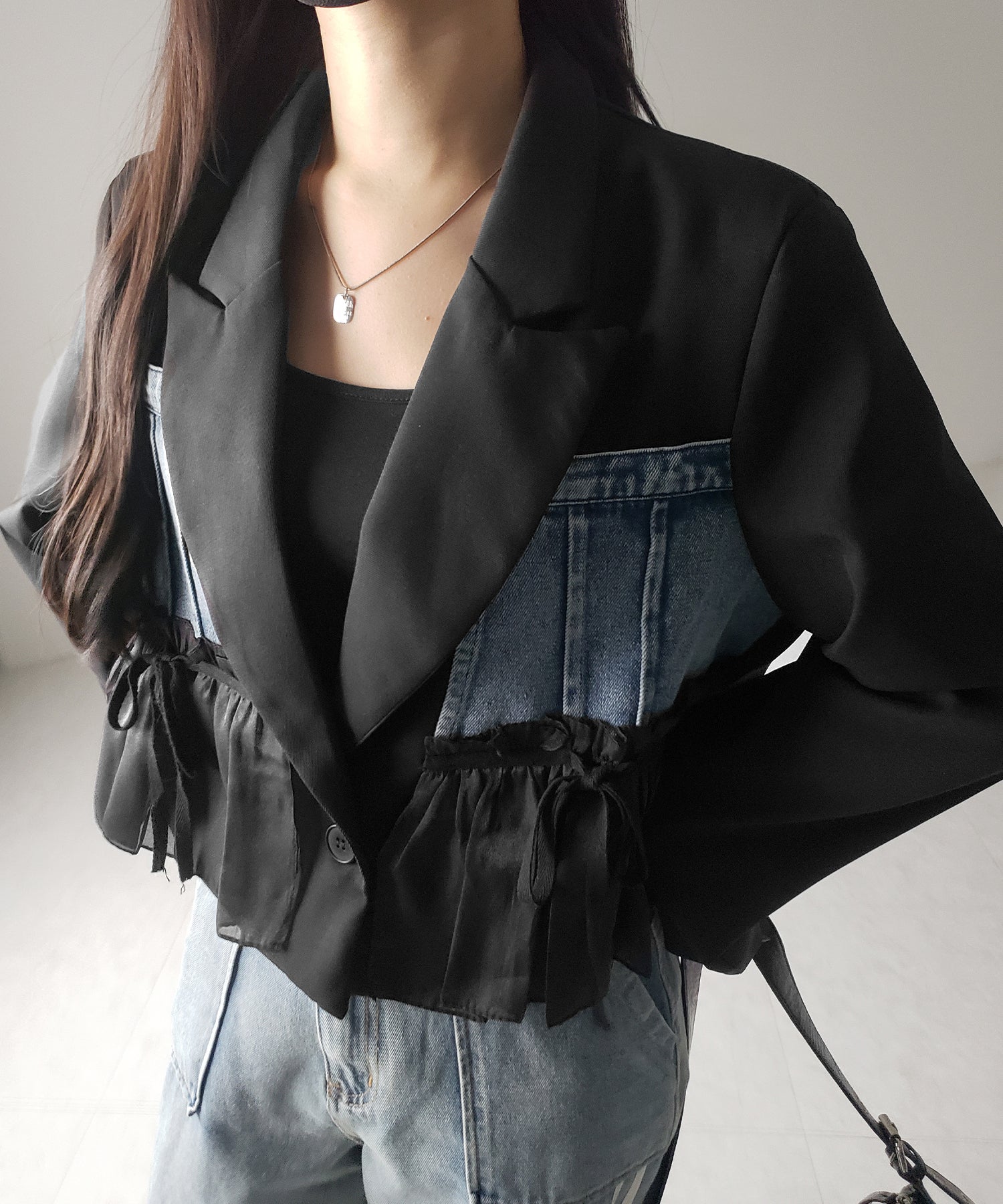 デニムフリルドッキングショートテーラードジャケット /denim frill docking short tailored jacket
