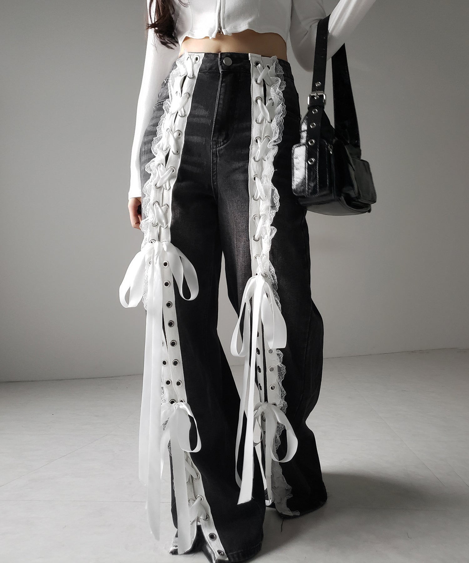 サテンリボンレースアップワイドデニムパンツ / satin ribbon lace up wide denim pants