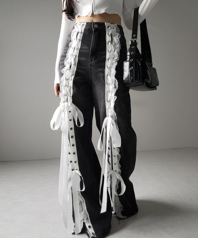 サテンリボンレースアップワイドデニムパンツ / satin ribbon lace up wide denim pants