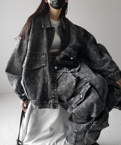 【 デニムセットアップ着用可能 】ヴィンテージケミカルブリーチヘビーワイドカーゴデニム / vintage chemical bleach heavy wide cargo denim