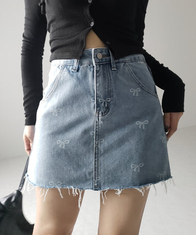 【 インパン裏地付き 】リボンプリントダメージデニムミニスカート / ribbon print damage denim mini skirt