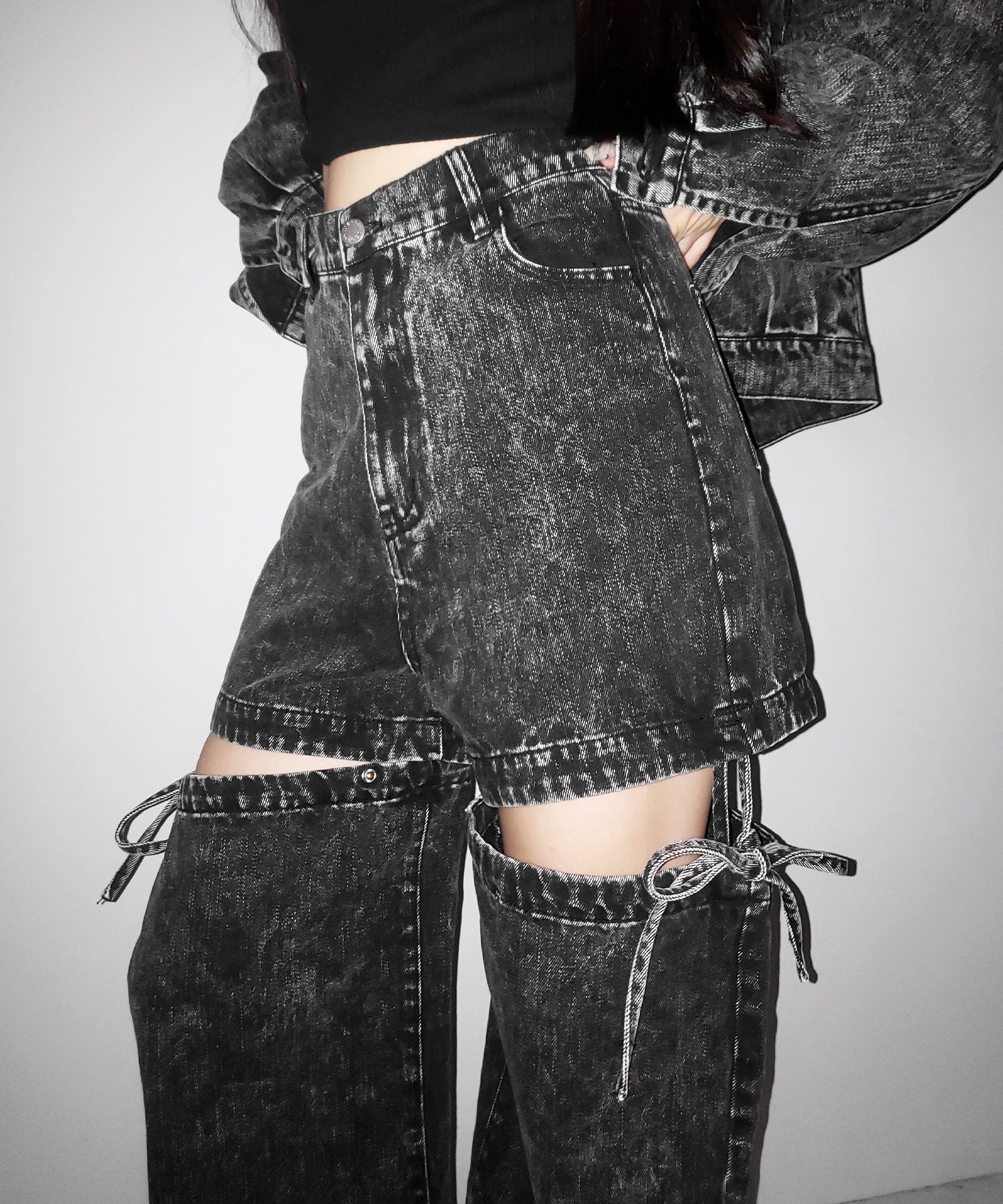 【 セットアップ着用可能 】2WAYヴィンテージケミカルブリーチカットアウトリボンデニム / 2WAY vintage chemical bleach cutout ribbon denim