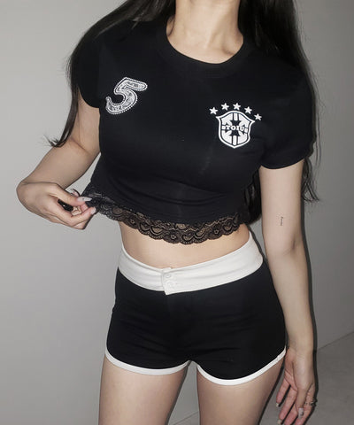 ユニフォームドッキングレースショートピチTシャツ / uniform docking lace short pichi T-shirt