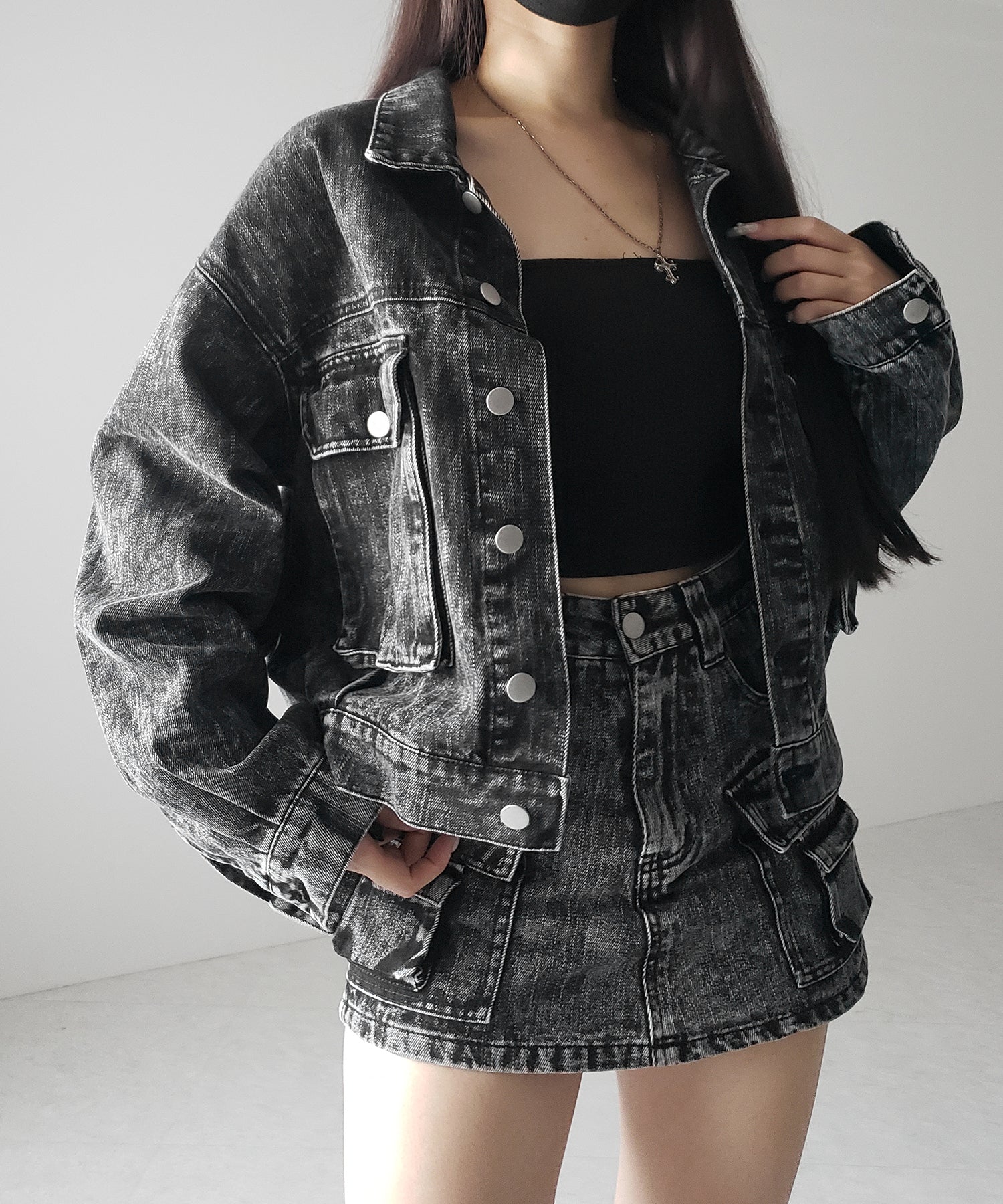 【 デニムセットアップ着用可能 】ヴィンテージケミカルブリーチアウトポケットクロップドデニムジャケット/ vintage chemical bleach outpocket cropped denim jacket