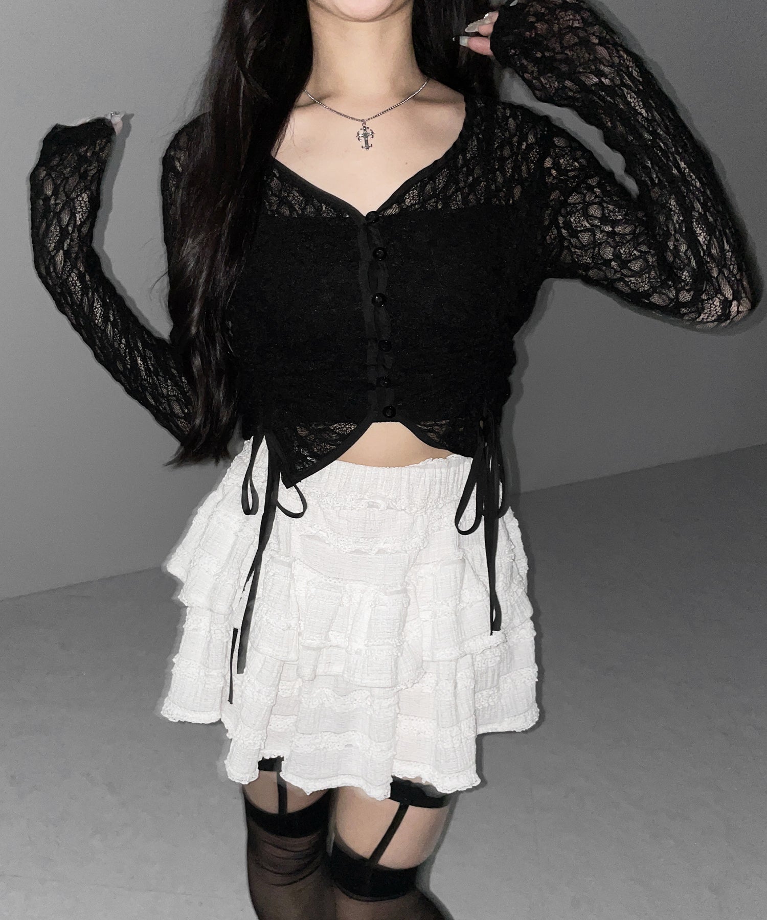 ダブルシャーリングショートレースカーディガン / double shirring short lace cardigan