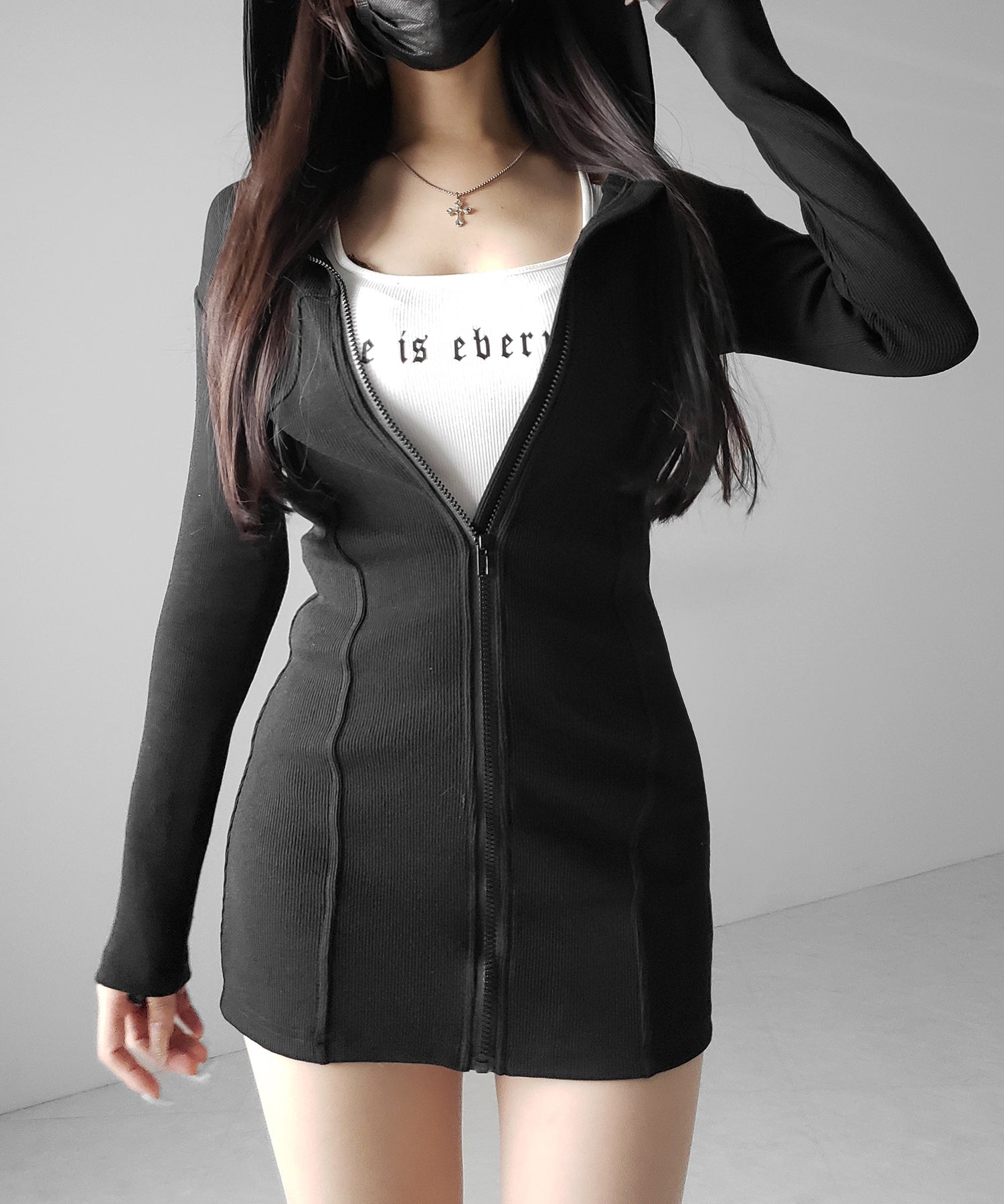 フーディジップアップスリムラインミニワンピース / Hoodie zip up slimline mini onepiece
