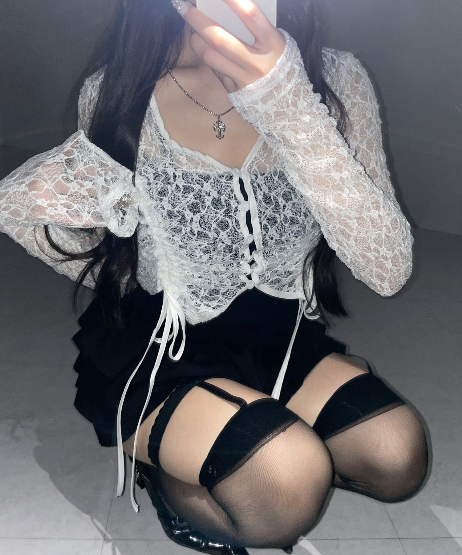 ダブルシャーリングショートレースカーディガン / double shirring short lace cardigan