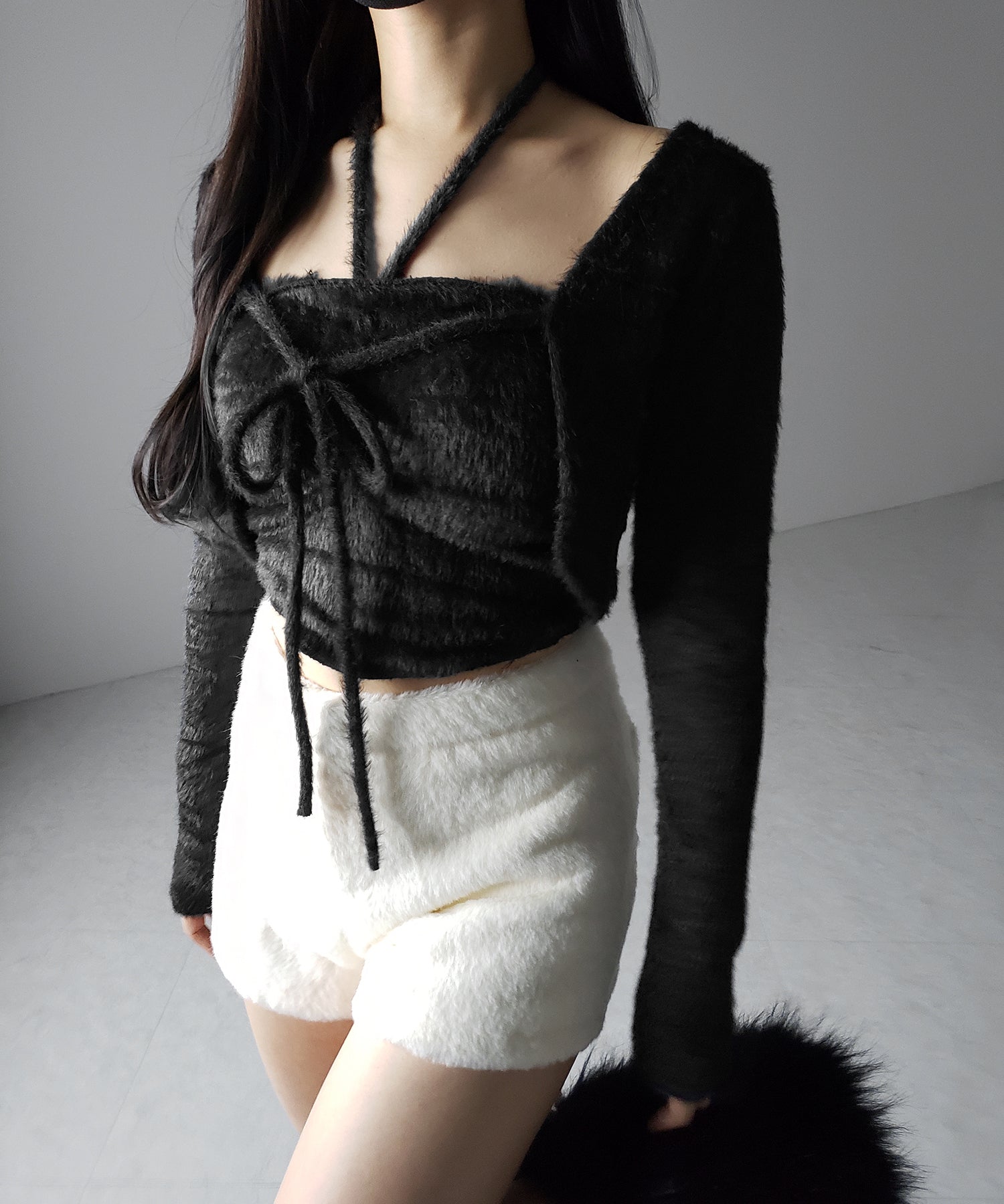 【 2点セット 】シャギーリボンベアトップス & ショートシャギーカーディガン SET / Shaggy ribbon bare tops & short shaggy cardigan