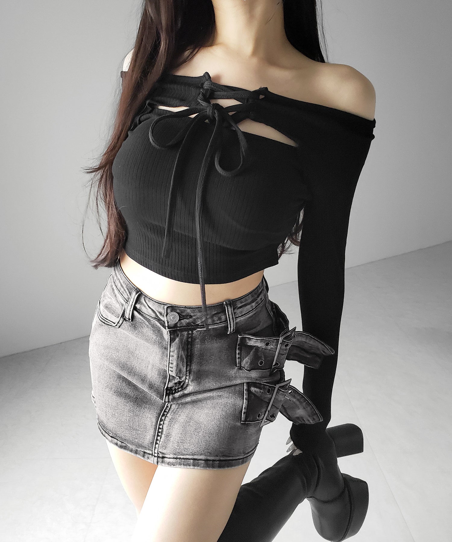 【 インパン裏地付 】ダブルハトメベルトヴィンテージデニムミニスカート / Double eyelet belt vintage denim mini skirt