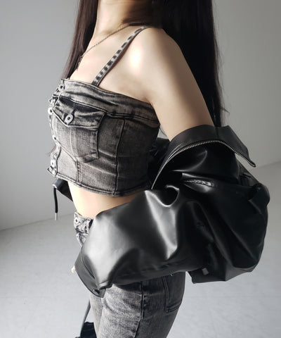 【 セットアップ 】ヴィンテージライクデニムビスチェ + ストレッチフレアデニム SET / 【 SET UP 】 vintage like denim bustier + stretch flare denim