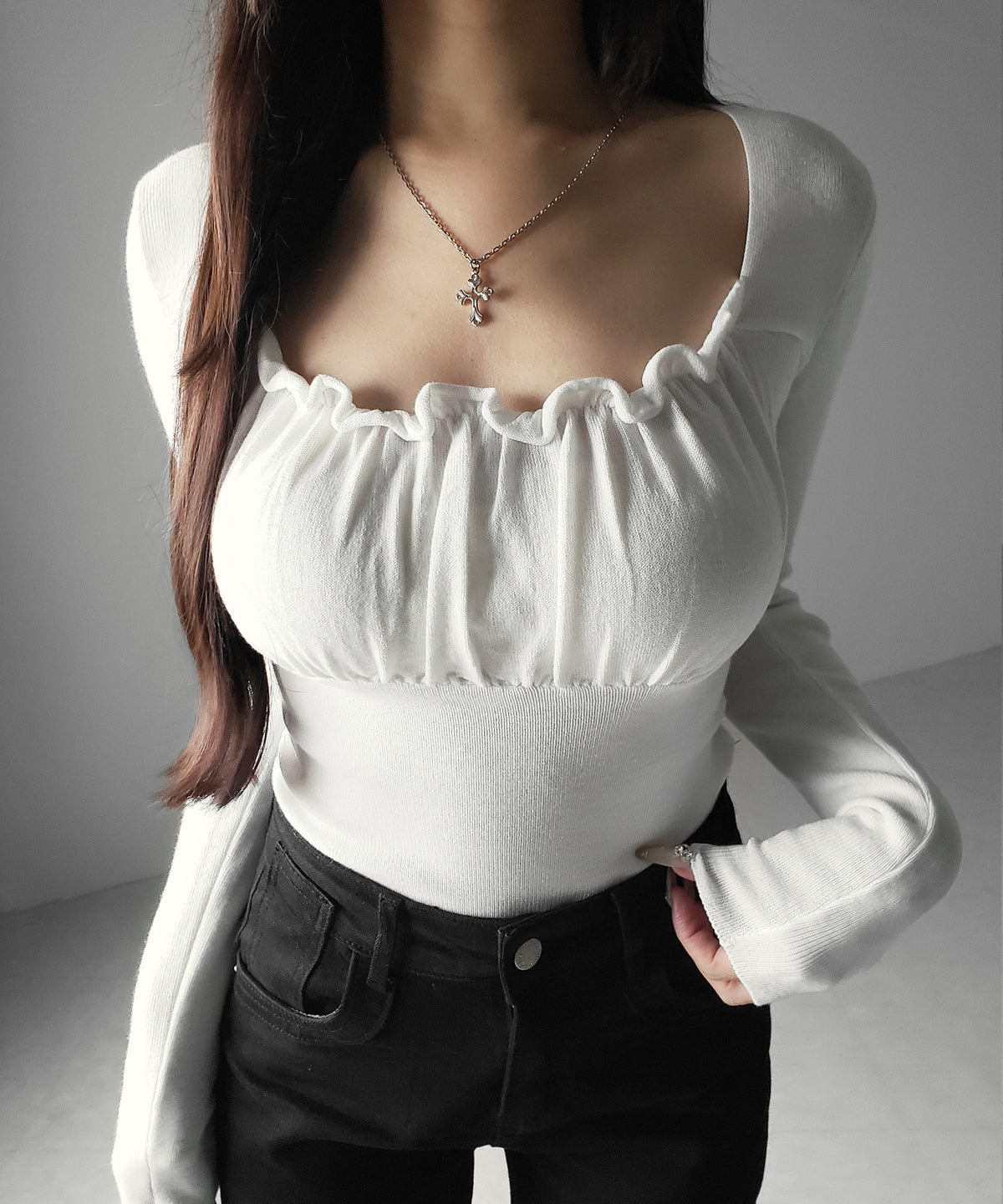 フリルギャザースクエアネック長袖ニットトップス / frill gather square neck longsleeve knit tops