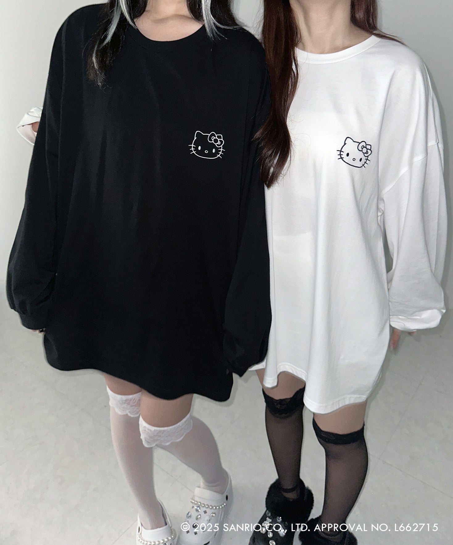 【 HELLO KITTY × me+em select 】ハローキティ刺繍長袖ビッグロンT / Hello Kitty embroidery big long sleeve T-Shirts【 セットアップ着用可能 】