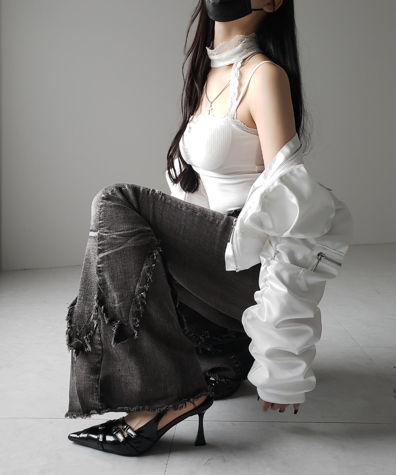 クロスデザインヴィンテージライクフリンジストレッチフレアデニム / cross design vintage-like fringe stretch flare denim