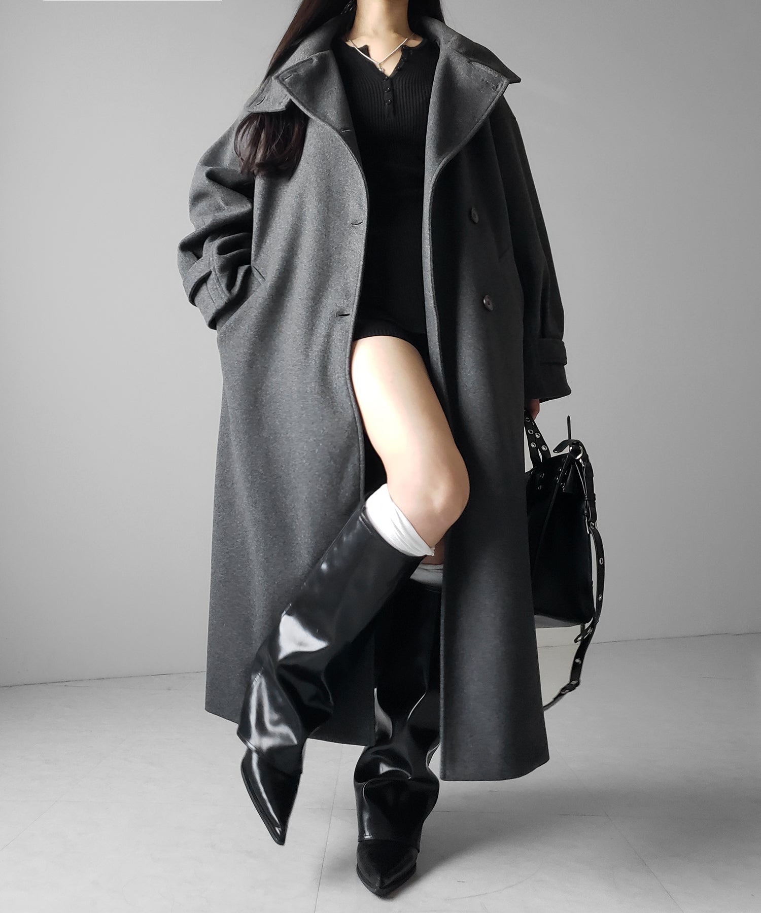 【 ウエストマークベルトSET 】2WAY スタンドカラーレディメルトントレンチロングコート / 2WAY stand collar lady melton trench long coat