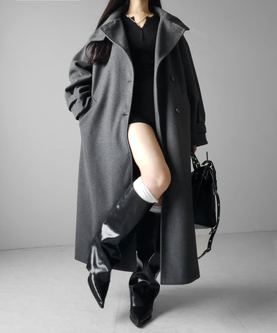 【 ウエストマークベルトSET 】2WAY スタンドカラーレディメルトントレンチロングコート / 2WAY stand collar lady melton trench long coat