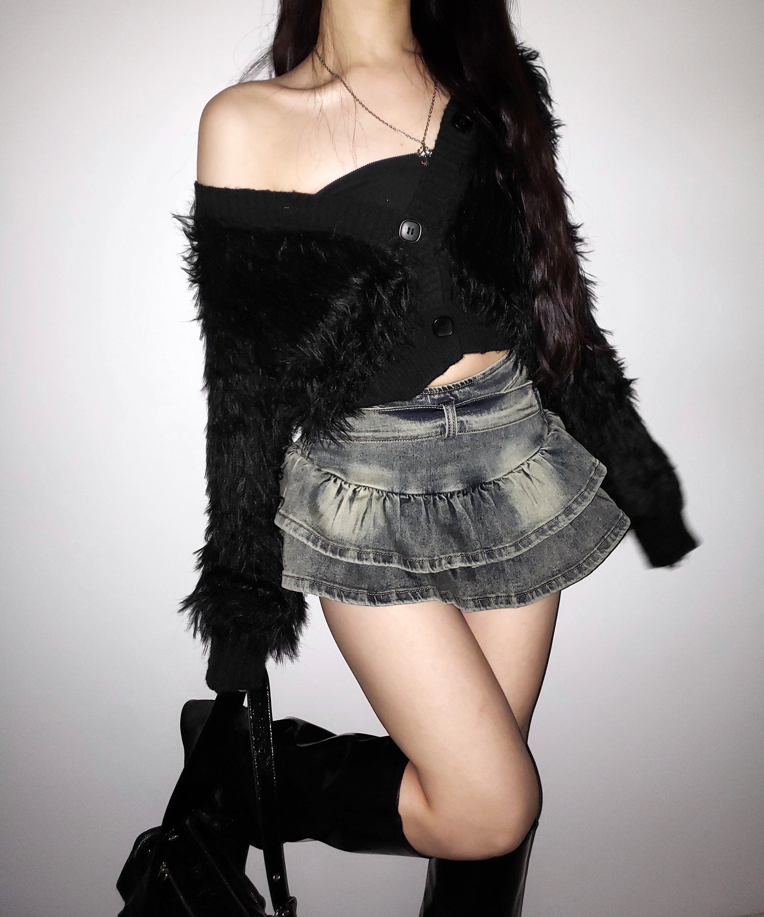 【 2color 】ベルテッドフリルヴィンテージデニムミニスカパン / Belted frill vintage denim mini skirt pants