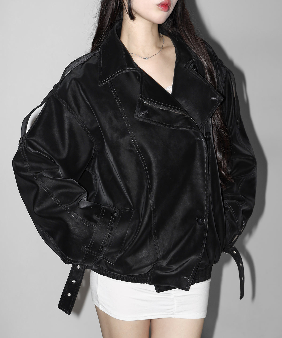 ヴィンテージフェイクレザーベルテッドジップアップオーバーブルゾン / Vintage fake leather belted zipup over blouson