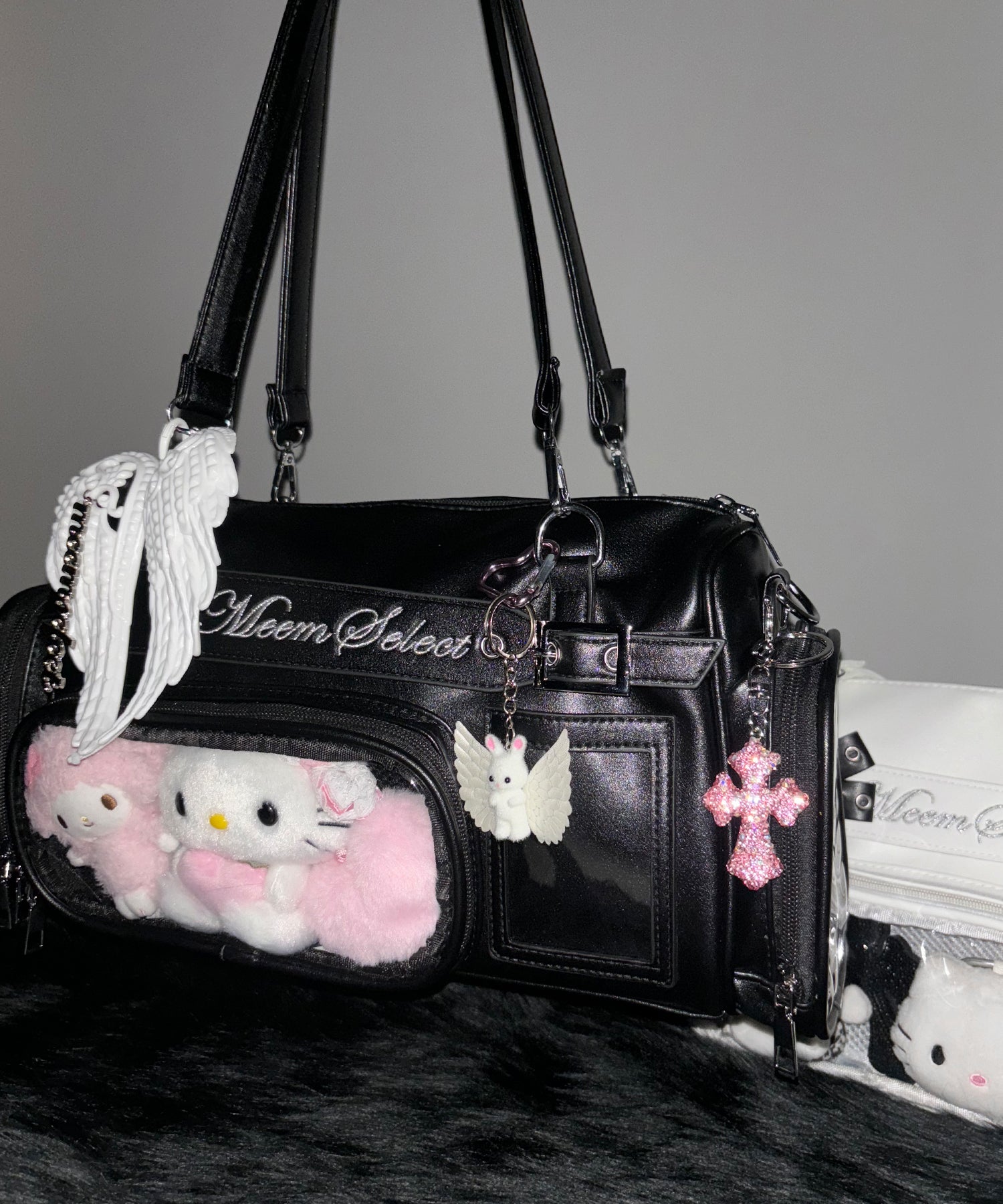 クリアポケット付きレタリング刺繍ショルダーバッグ / clear pocket lettering embroidery shoulder bag