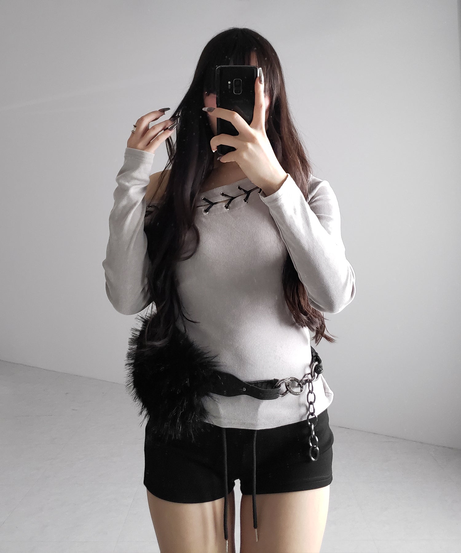 ヴィンテージカットアウトレースアップワンショルリブトップス / vintage cutout laceup one shoulder lib tops