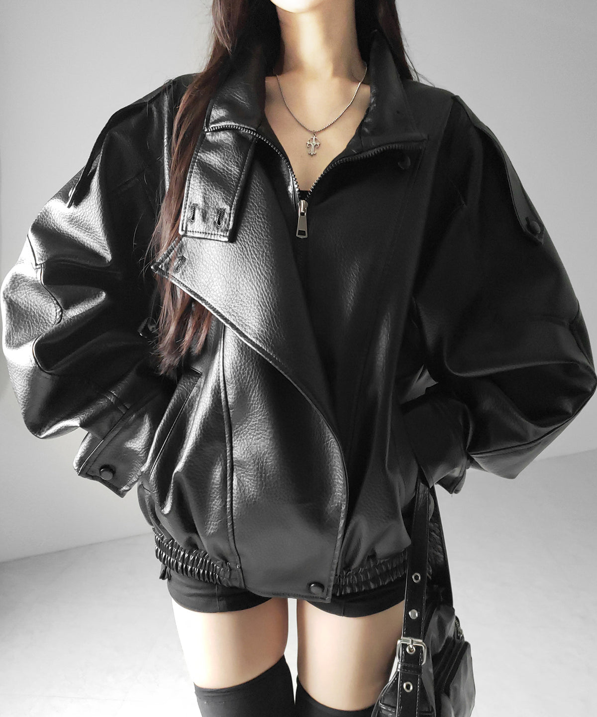 ヴィンテージフェイクレザースタンドカラージップアップブルゾン / 2WAY vintage fake leather stand collar zipup blouson
