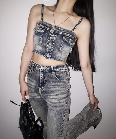 【 セットアップ 】ヴィンテージライクデニムビスチェ + ストレッチフレアデニム SET / 【 SET UP 】 vintage like denim bustier + stretch flare denim
