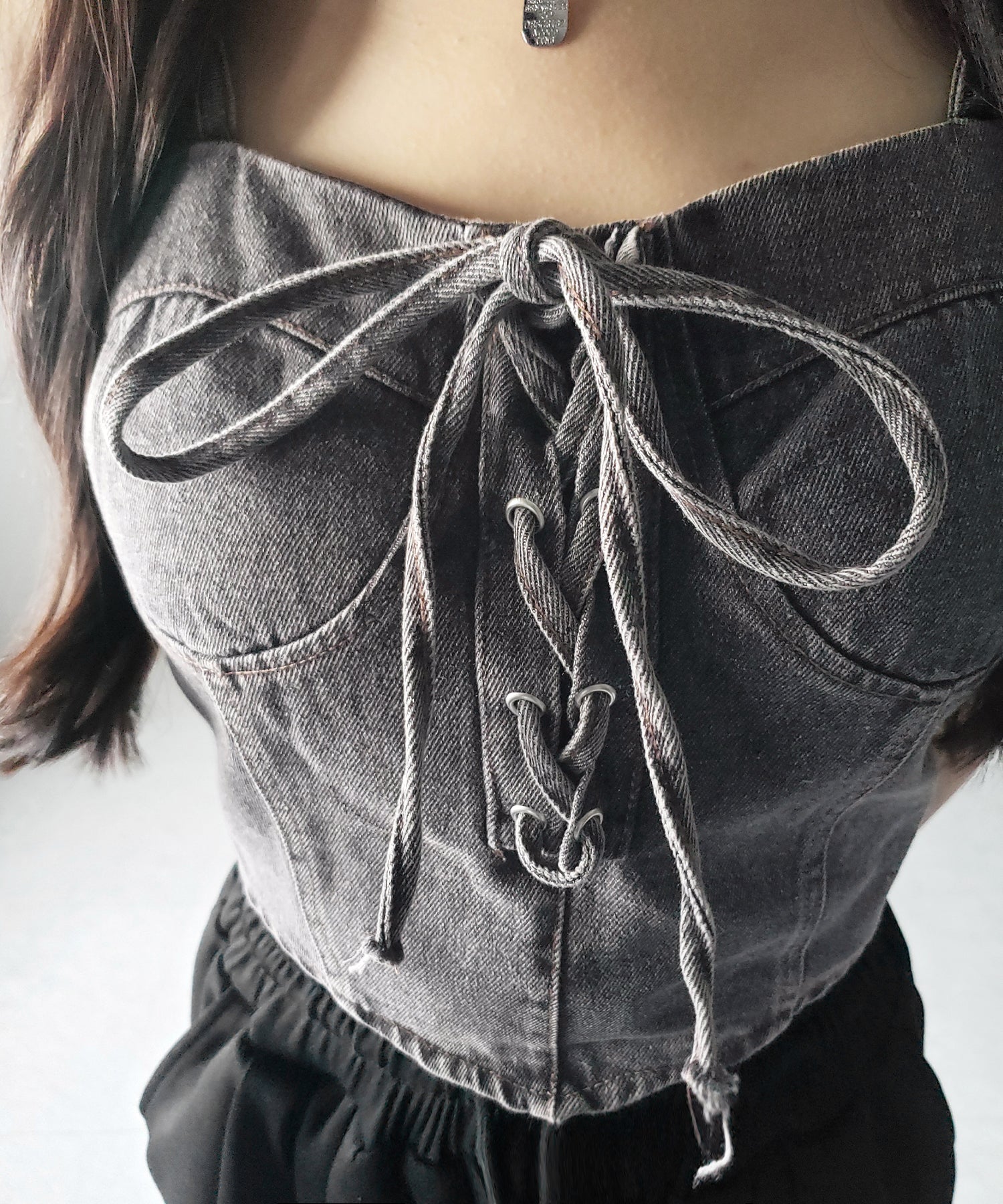 レースアップリボンコルセットデニムビスチェ / lace up ribbon corset denim bustier