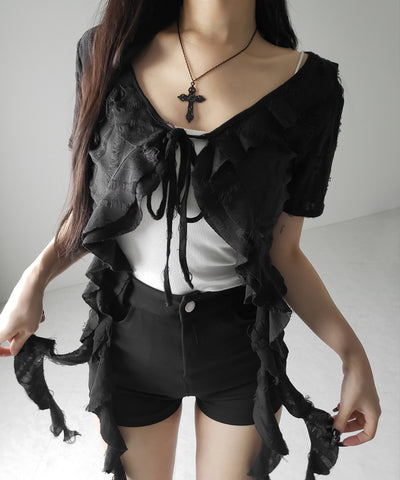 ダメージフリル半袖ショートリボンカーディガン / damage frill short sleeve short ribbon cardigan