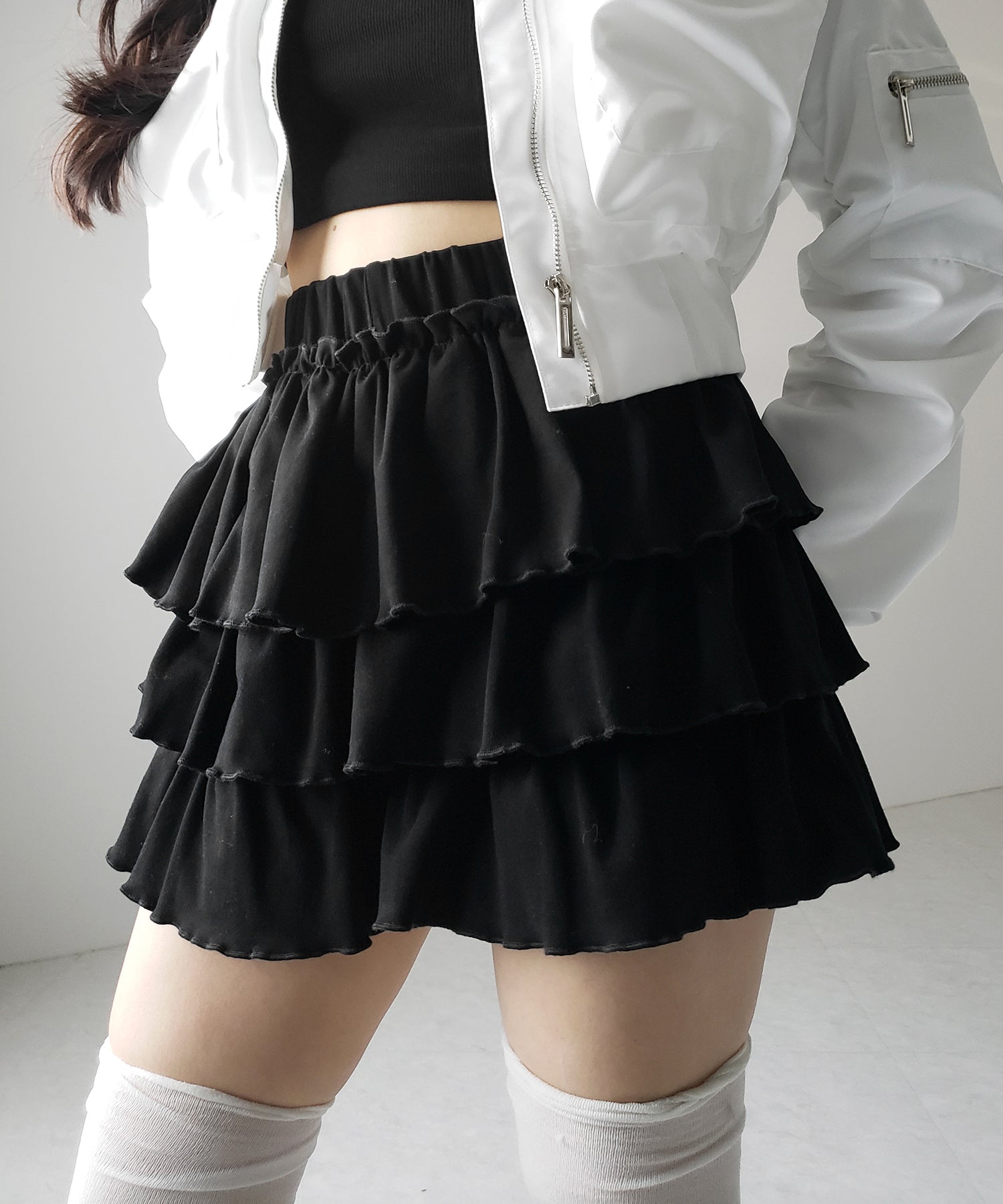 【 新色ピンク追加!4color 】3段フリルカットソーミニスカパン / 3 frill cutsew mini skirt pants