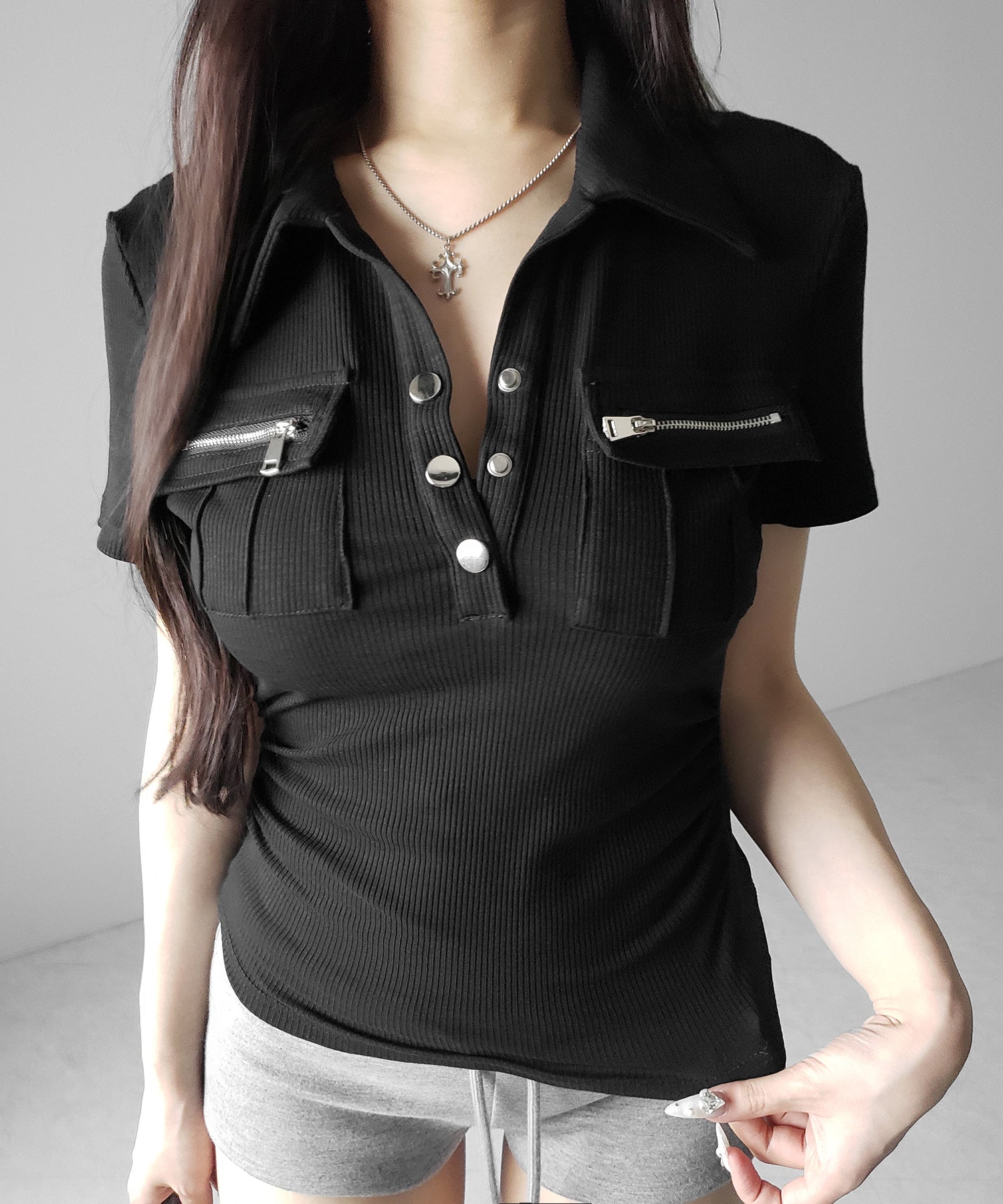 アウトポケットポロネックリブカットソートップス / out pocket polo neck rib cutsew tops