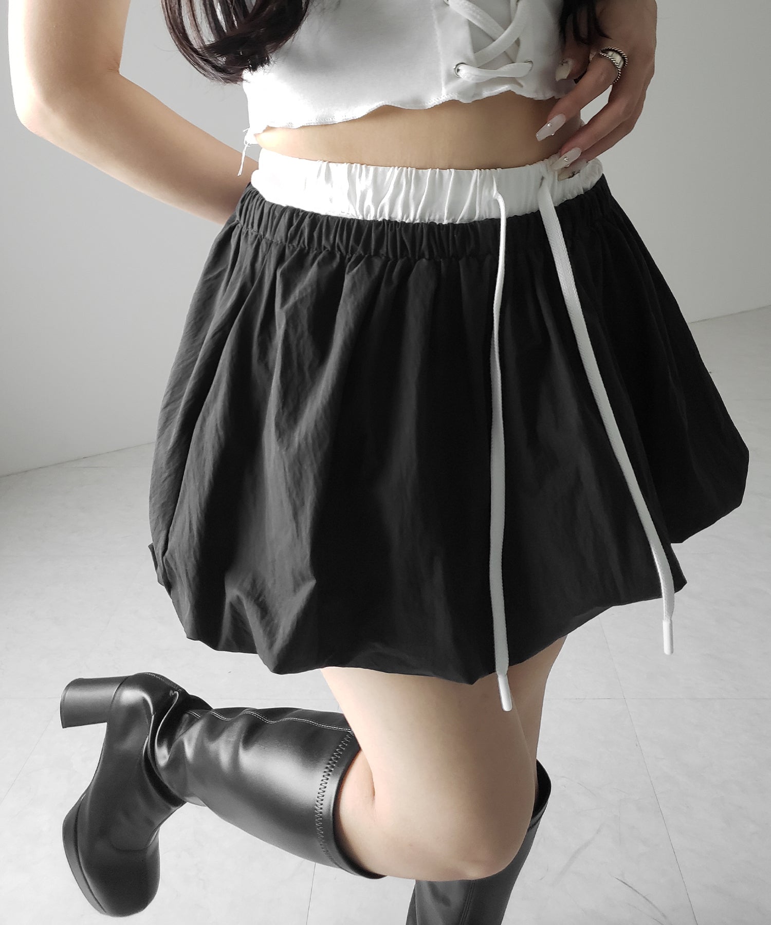 【 2color /インパン裏地付き 】フェイクレイヤードコットンバルーンミニスカート / fake layered cotton balloon mini skirt