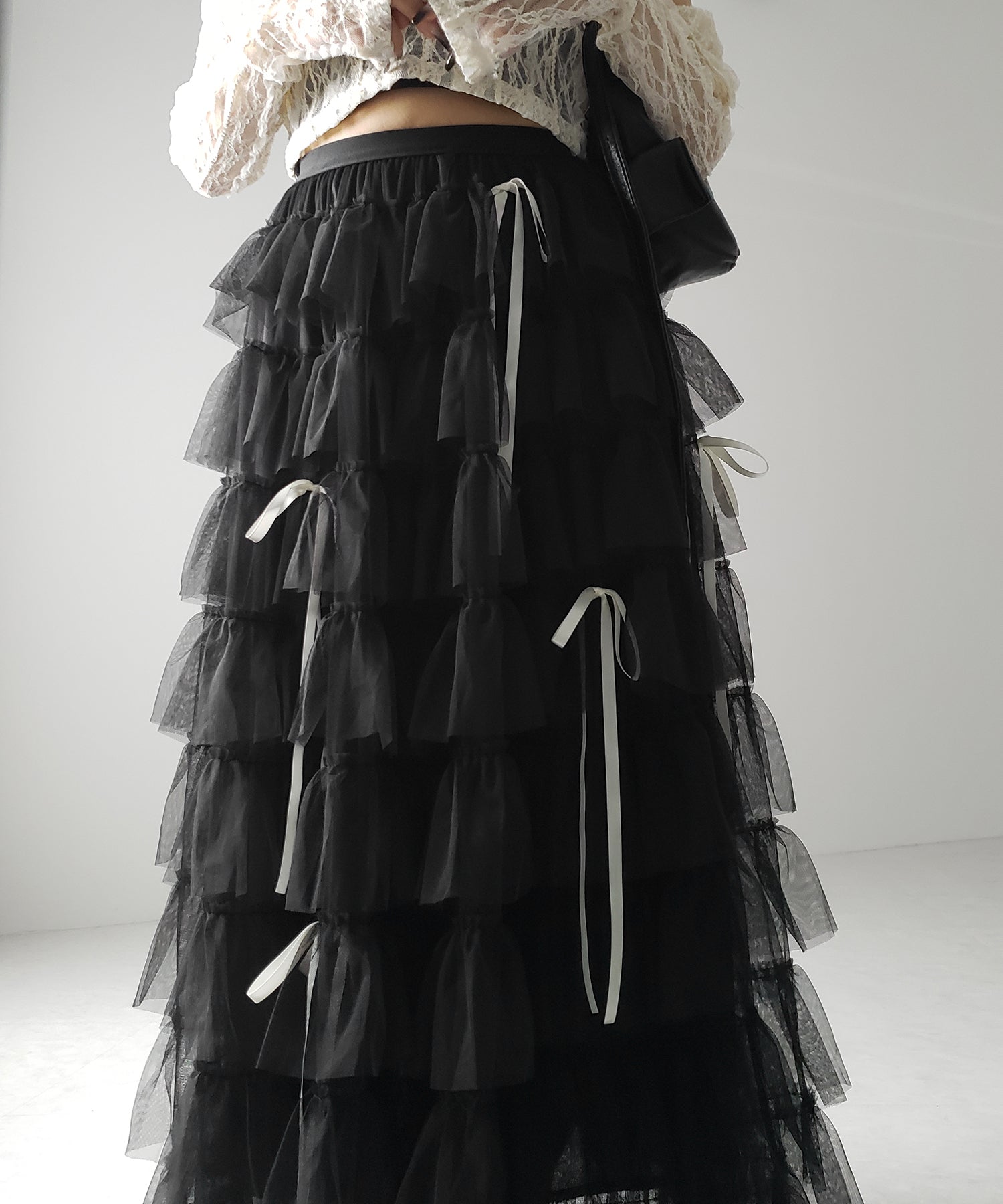 【 新色ピンク追加!/5color 】ストラップリボンバレエコアチュールスカート /strap ribbon ballet core tulle skirt