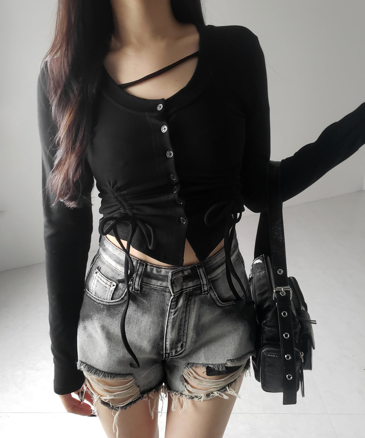 【 2color / 裏起毛 】ナナメストラップダブルシャーリングリボントップス / naname strap double shirring ribbon tops