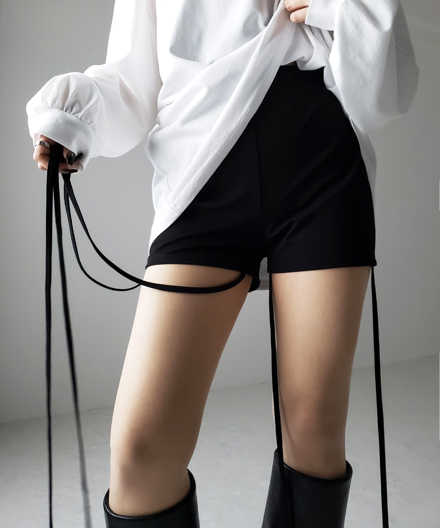 【 セルフカット調節可能 】クロスストラップリボンバイカーレギンスパンツ / cross strap ribbon biker leggings pants