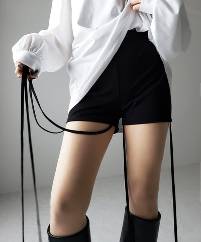 【 セルフカット調節可能 】クロスストラップリボンバイカーレギンスパンツ / cross strap ribbon biker leggings pants