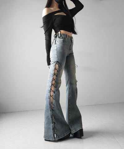 レースアップカットアウトストレッチフレアデニム / lace up cutout stretch flare denim