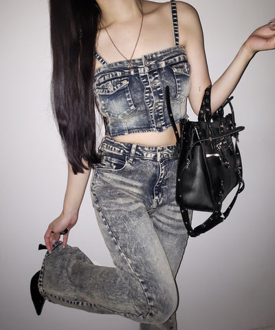 【 セットアップ 】ヴィンテージライクデニムビスチェ + ストレッチフレアデニム SET / 【 SET UP 】 vintage like denim bustier + stretch flare denim