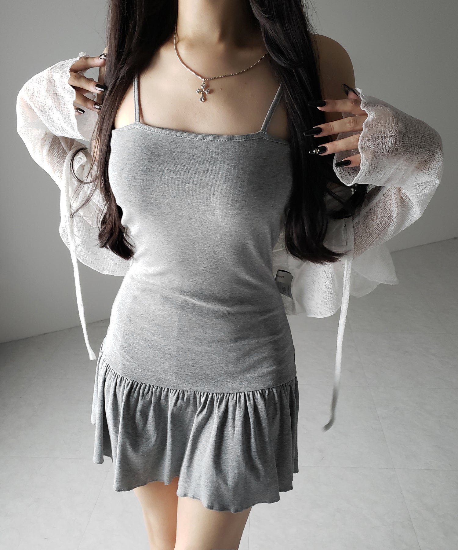 【 2点セット 】フレアキャミワンピ &シアーフリルリボンカーディガン ワンホンセットアップ / flare camisole onepiece & sheer frill ribbon cardigan wanghong SETUP