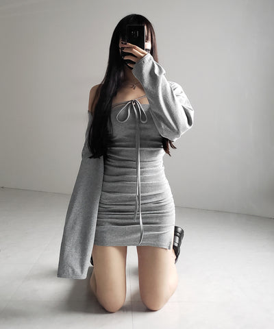 【 2点セット 】シャーリングタイトミニワンピ &フロントリボンショートカーディガン ワンホンセットアップ / shirring tight mini onepiece & front ribbon short cardigan wanghong setup