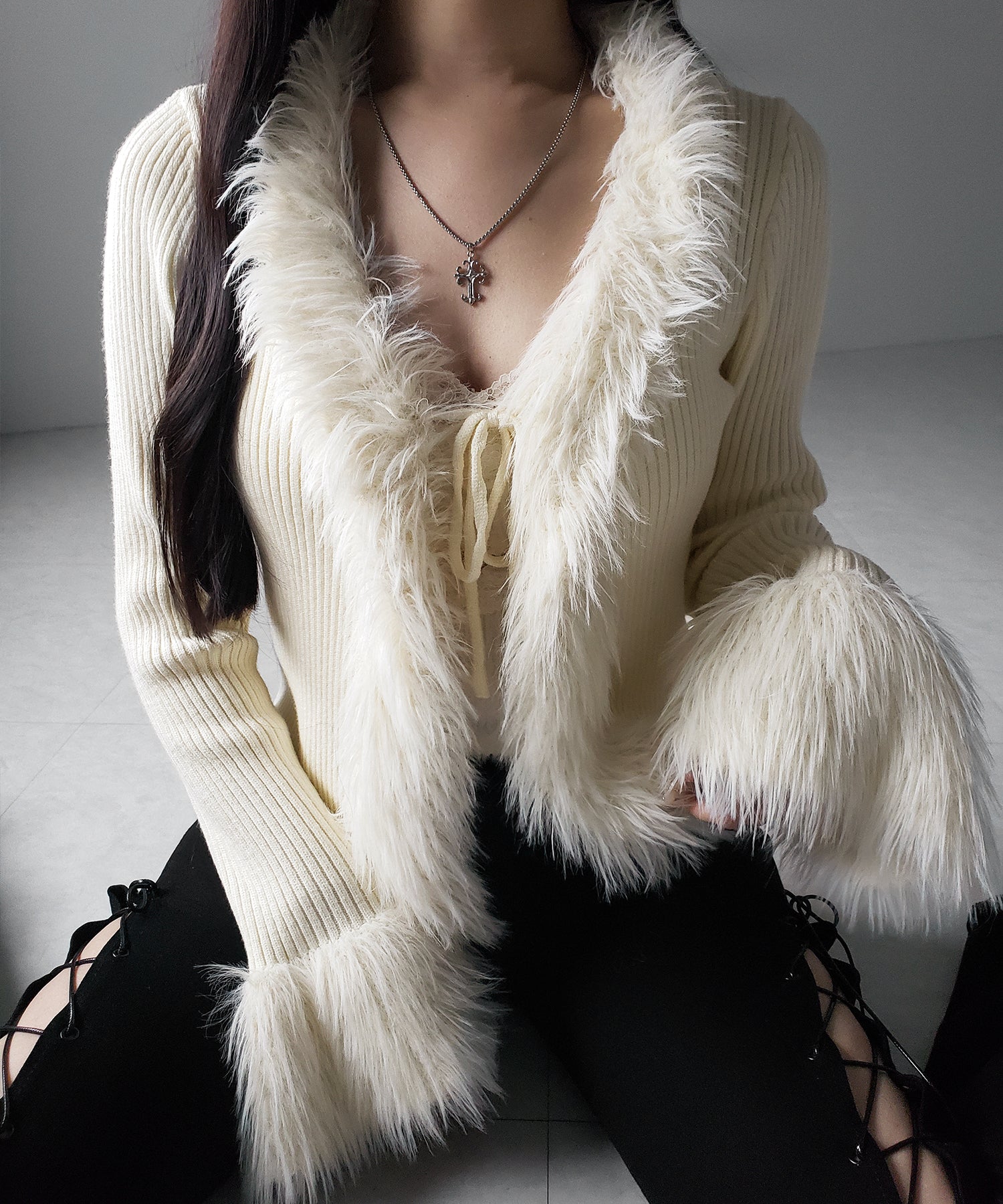 シャギーファードッキングリブニットカーディガン / shaggy fur docking rib knit cardigan