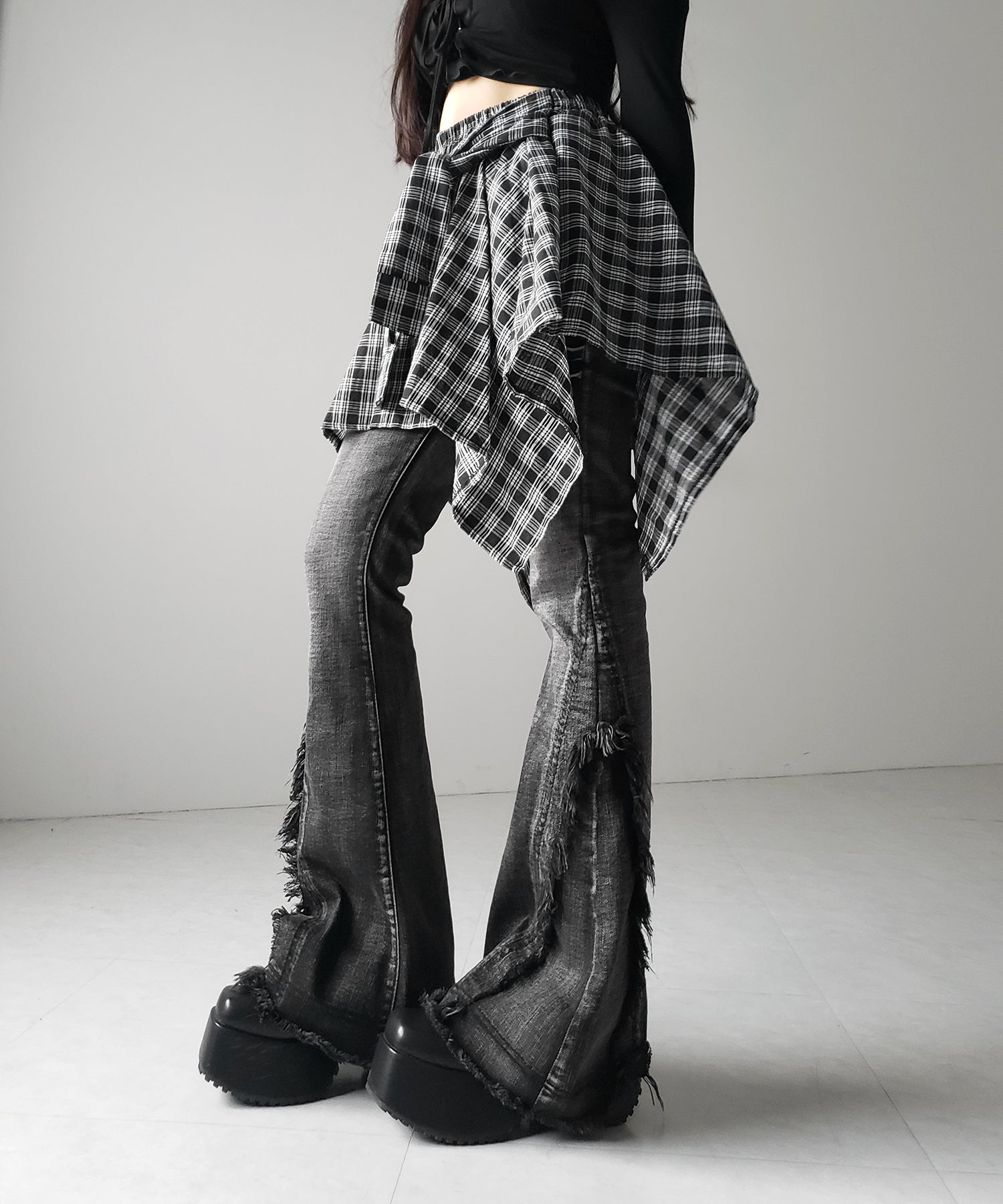 【 選べる2素材/インナーパンツ裏地付 】シャツレイヤードチェックミニスカート / shirt layered check mini skirt