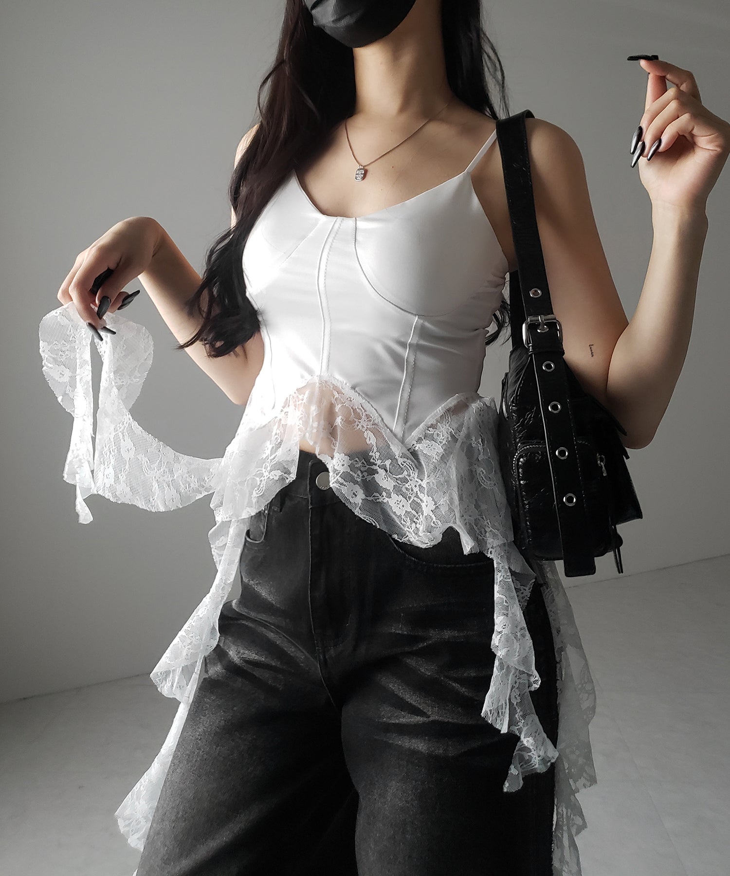 【 2color 】レースフリルレイヤードビスチェキャミソール / lace frill layered bustier camisole