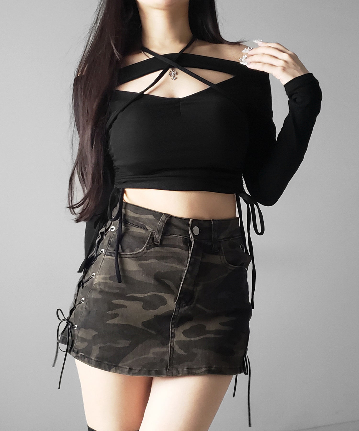 ヴィンテージカモフラレースアップデニムミニスカパン / vintage camouflage lace up denim mini skirt pants