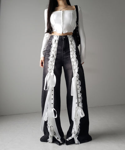 サテンリボンレースアップワイドデニムパンツ / satin ribbon lace up wide denim pants