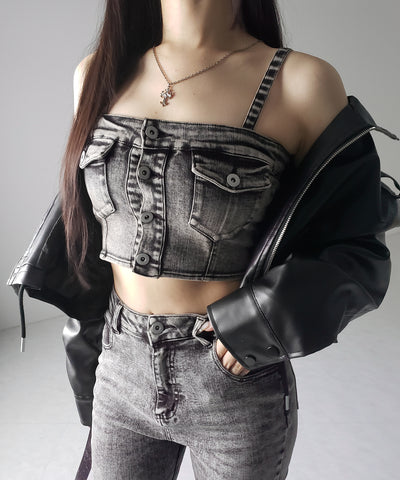 【 セットアップ 】ヴィンテージライクデニムビスチェ + ストレッチフレアデニム SET / 【 SET UP 】 vintage like denim bustier + stretch flare denim