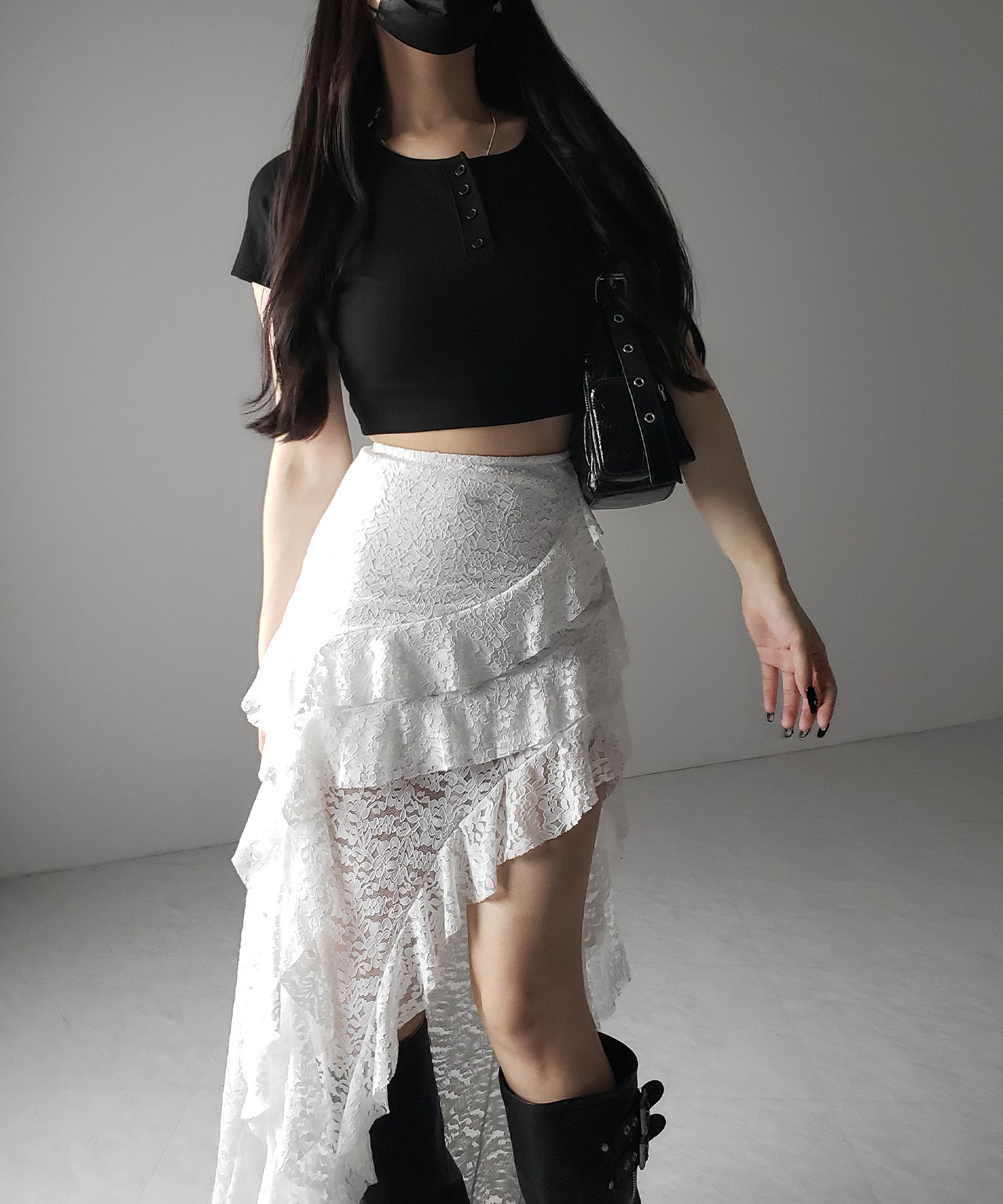 【 裏地付 】アシンメトリーフリルレーススリットロングスカート / asymmetry frill lace slit long skirt