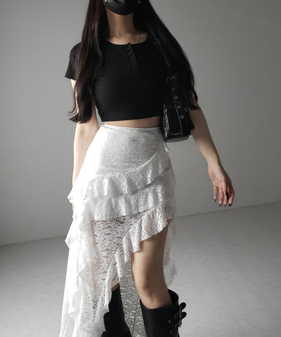 【 裏地付 】アシンメトリーフリルレーススリットロングスカート / asymmetry frill lace slit long skirt